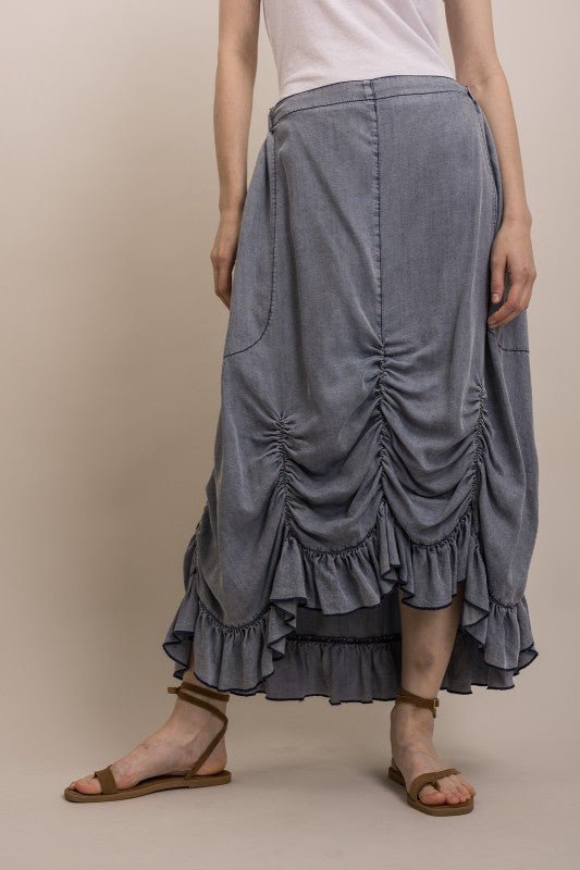 Hally Ruched Front Chambray Skirt - ivyandlavyboutique Blue Velvet