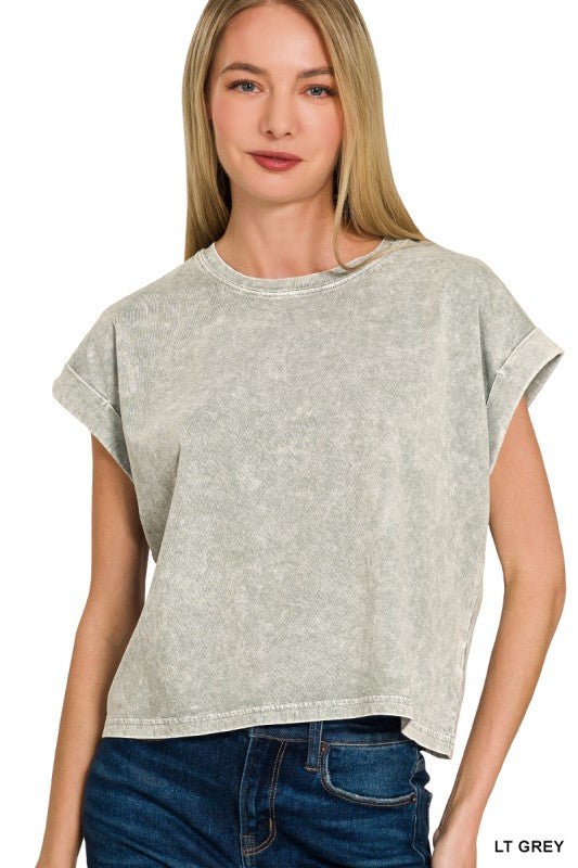 Halo Washed Cotton Short Sleeve Top in Lt Grey - ivyandlavyboutique Zenana