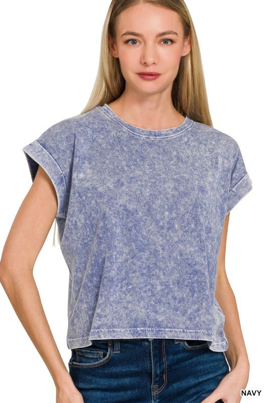 Halo Washed Cotton Short Sleeve Top in Navy - ivyandlavyboutique Zenana