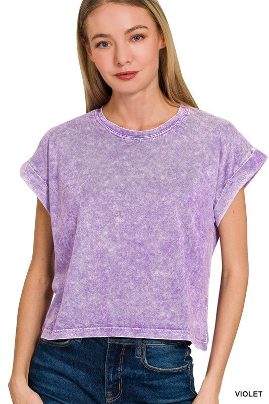 Halo Washed Cotton Short Sleeve Top in Violet - ivyandlavyboutique Zenana