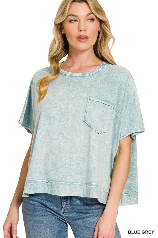Halo Washed Oversized Top in Blue Grey - ivyandlavyboutique Zenana