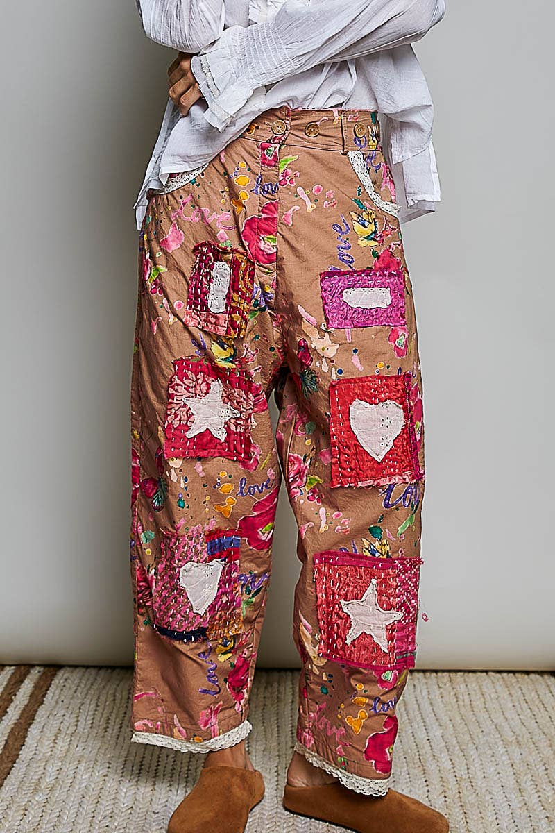 Heart Star Patch Elastic Waistband Lace Trim Straight Pants in Cinn - ivyandlavyboutique Pol Clothing