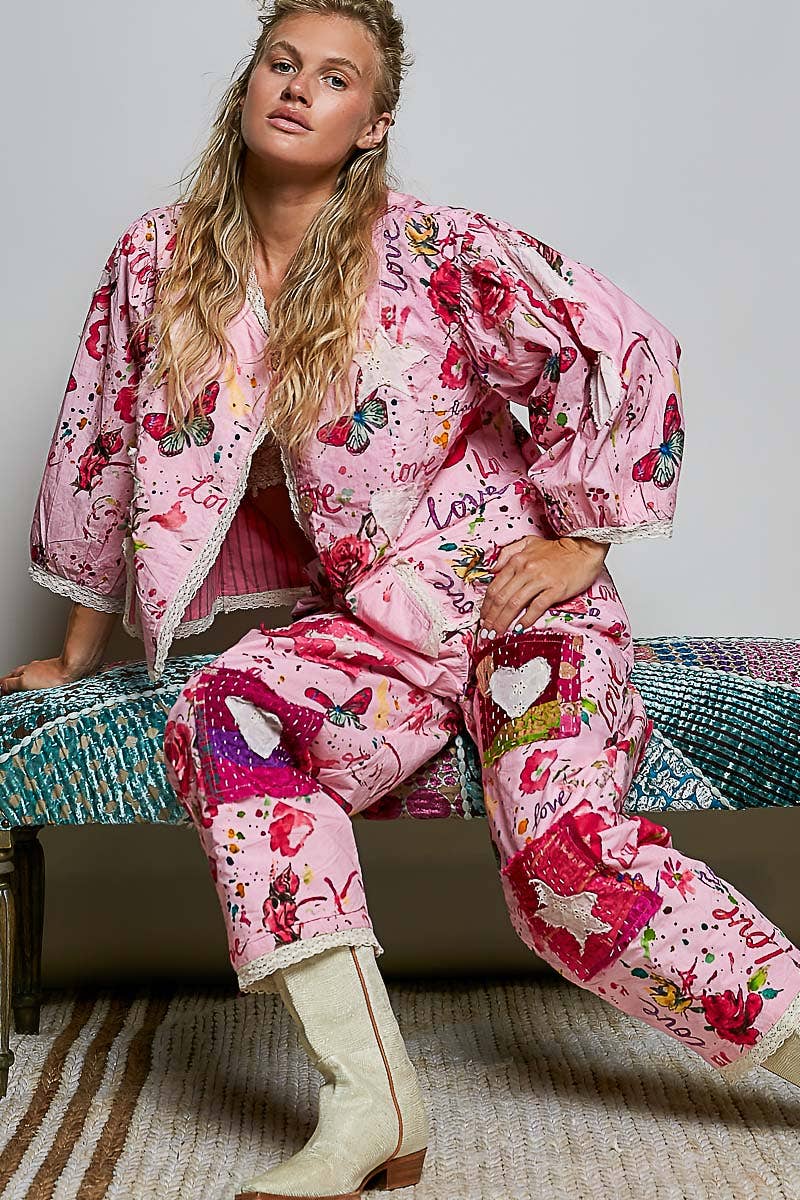 Heart Star Patch Elastic Waistband Lace Trim Straight Pants in Pink - ivyandlavyboutique Pol Clothing