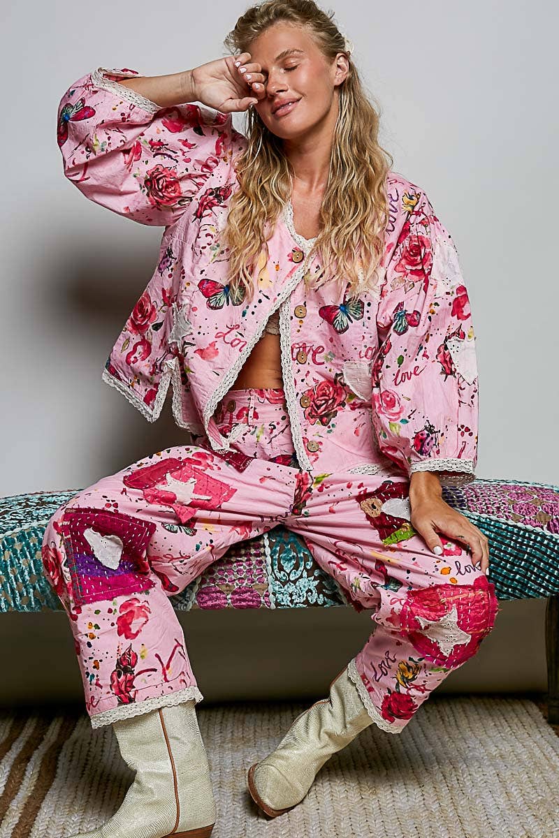 Heart Star Patch Elastic Waistband Lace Trim Straight Pants in Pink - ivyandlavyboutique Pol Clothing