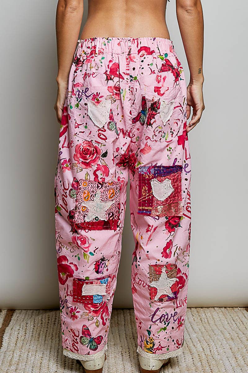 Heart Star Patch Elastic Waistband Lace Trim Straight Pants in Pink - ivyandlavyboutique Pol Clothing