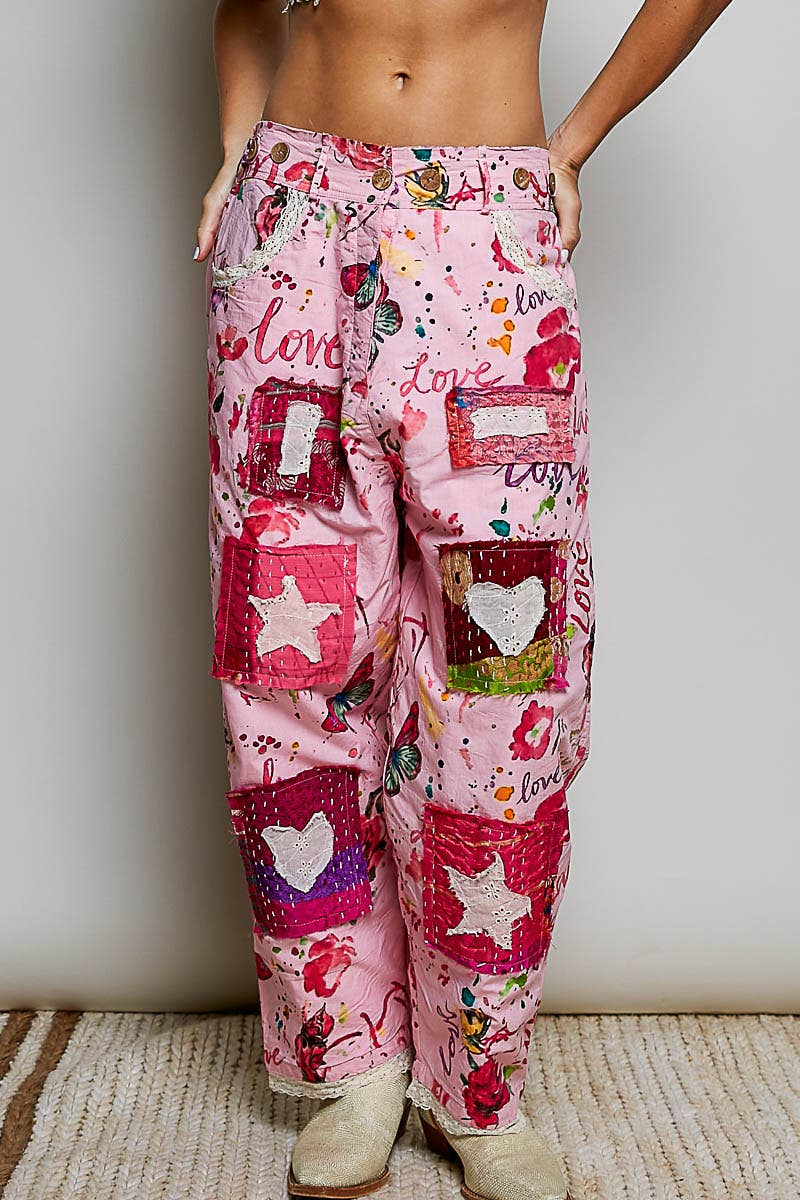 Heart Star Patch Elastic Waistband Lace Trim Straight Pants in Pink - ivyandlavyboutique Pol Clothing
