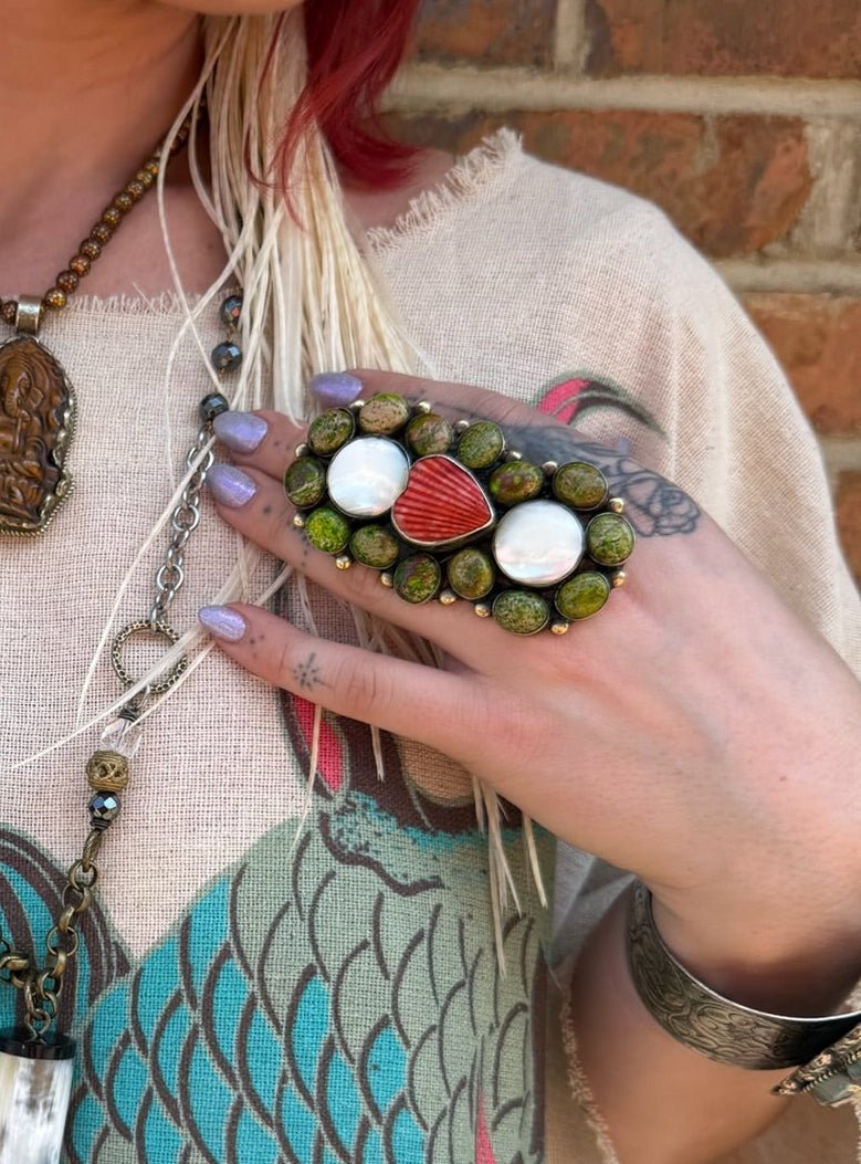 Hearts in Orange Agate & Shell Ring - ivyandlavyboutique ivyandlavyboutique