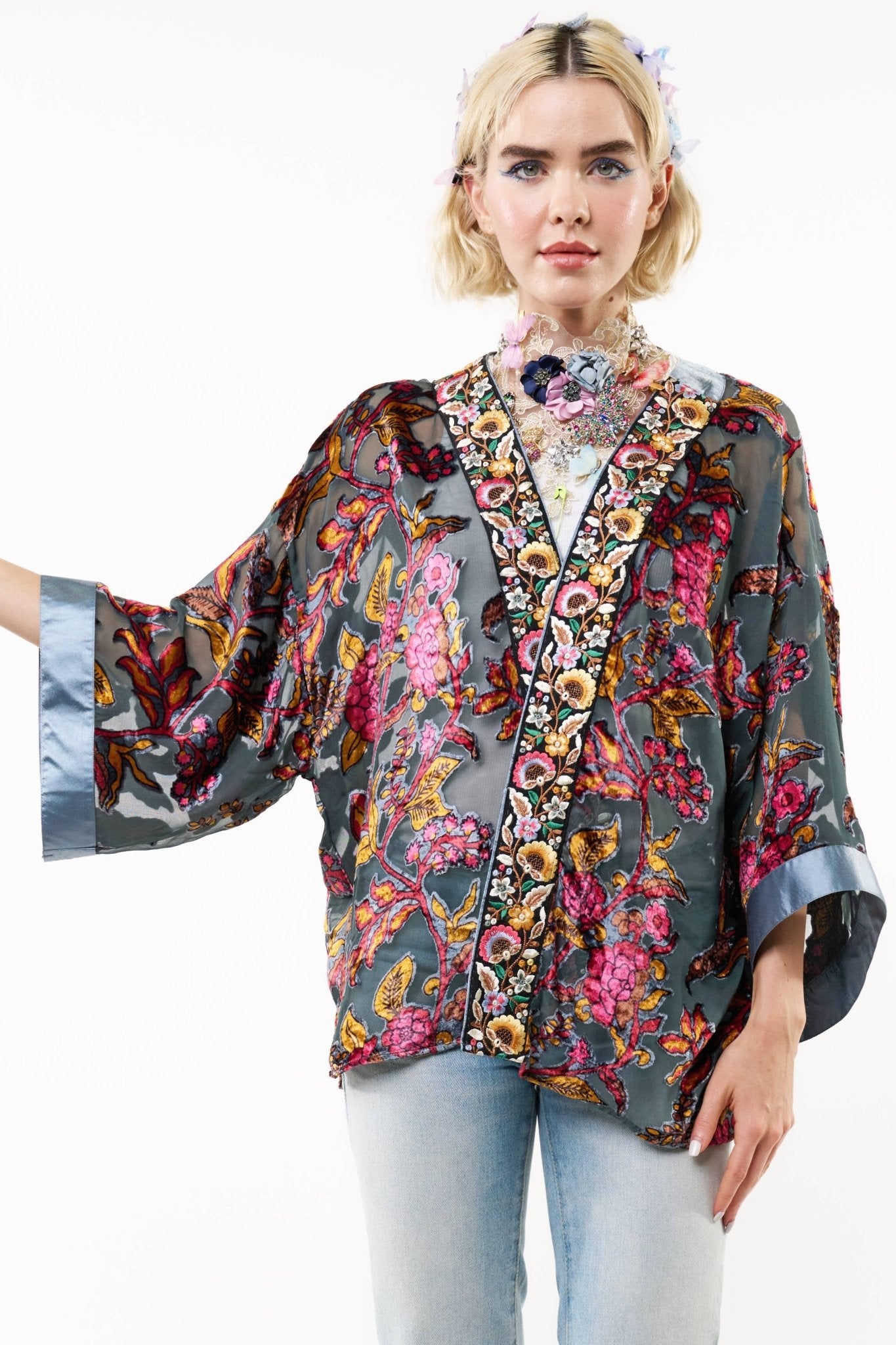 Holiday Jewels Burnout Velvet Kimono / Topper : Charcoal / One Size - ivyandlavyboutique Aratta