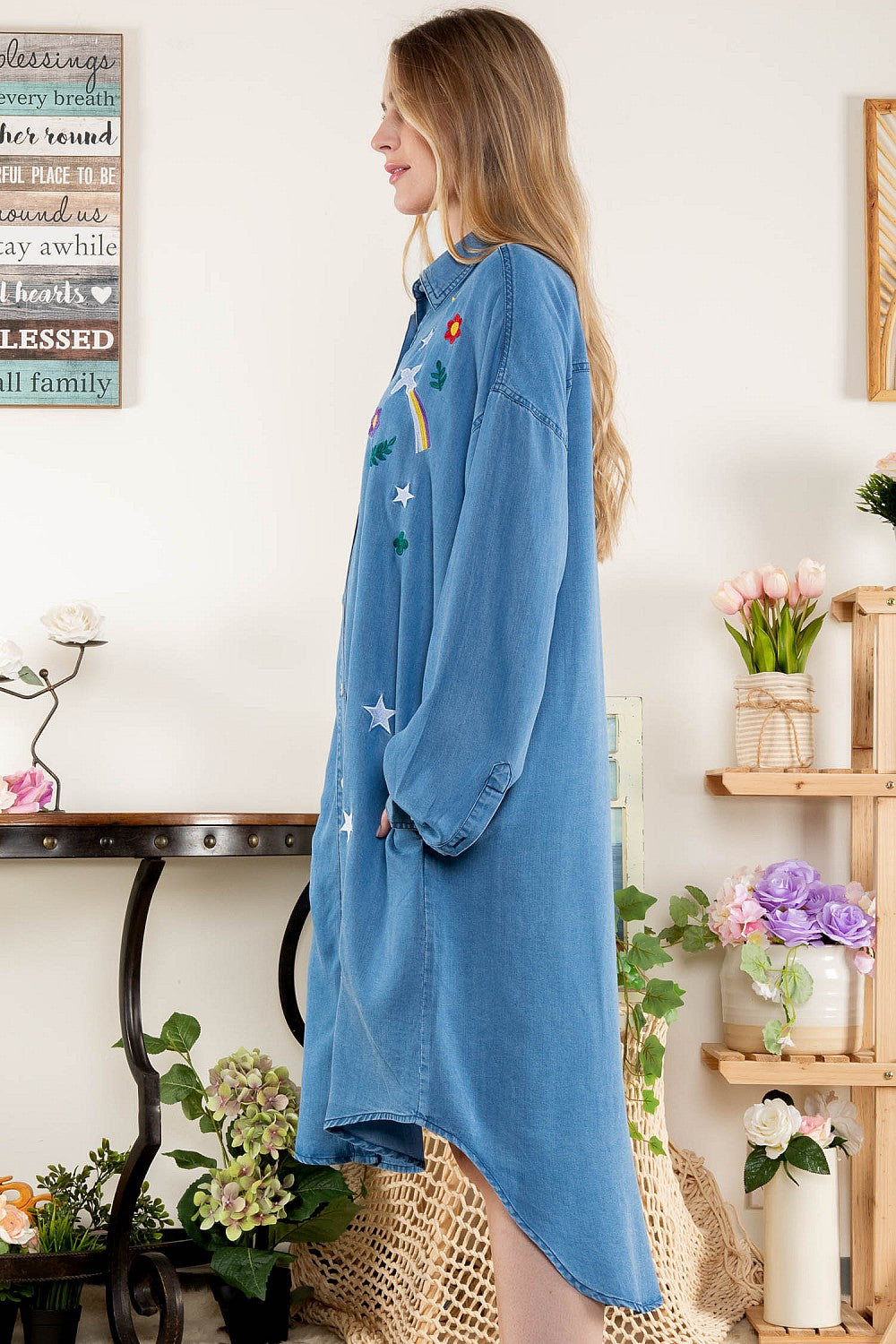 Sale - Just Twirl Denim Embroidered Button Down Tunic Dress