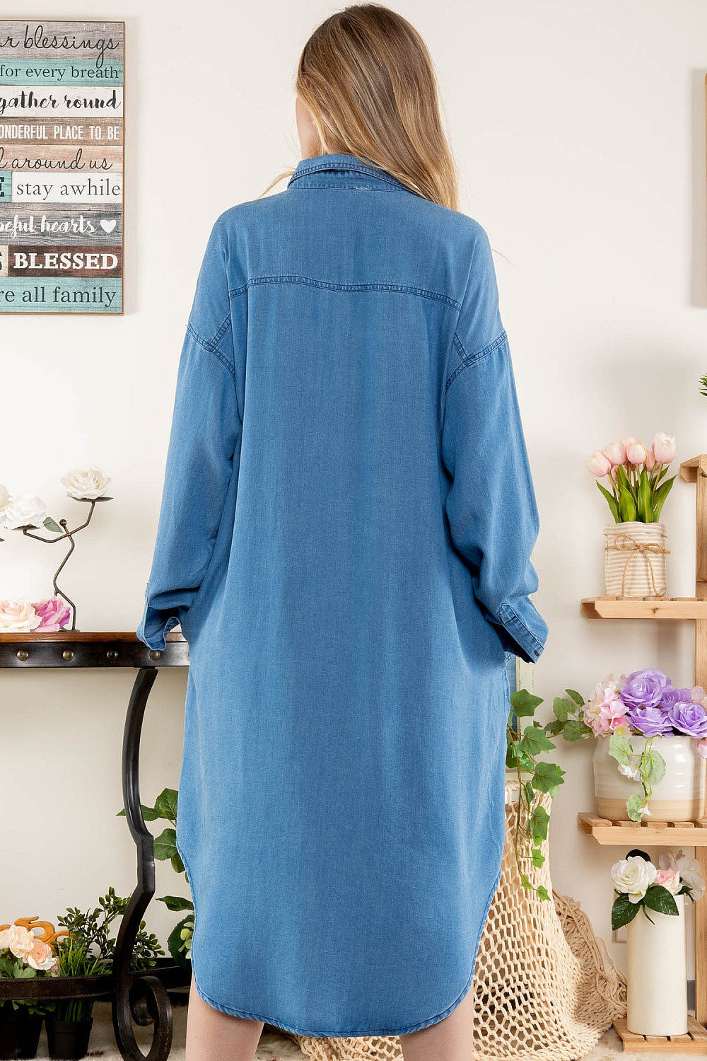 Sale - Just Twirl Denim Embroidered Button Down Tunic Dress