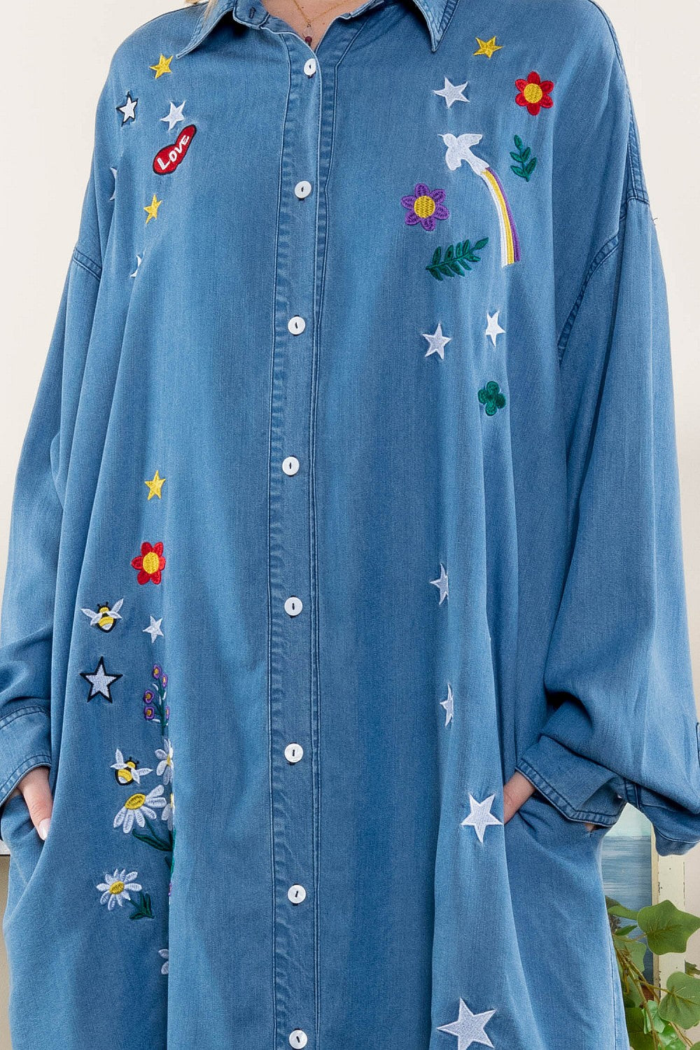 Sale - Just Twirl Denim Embroidered Button Down Tunic Dress