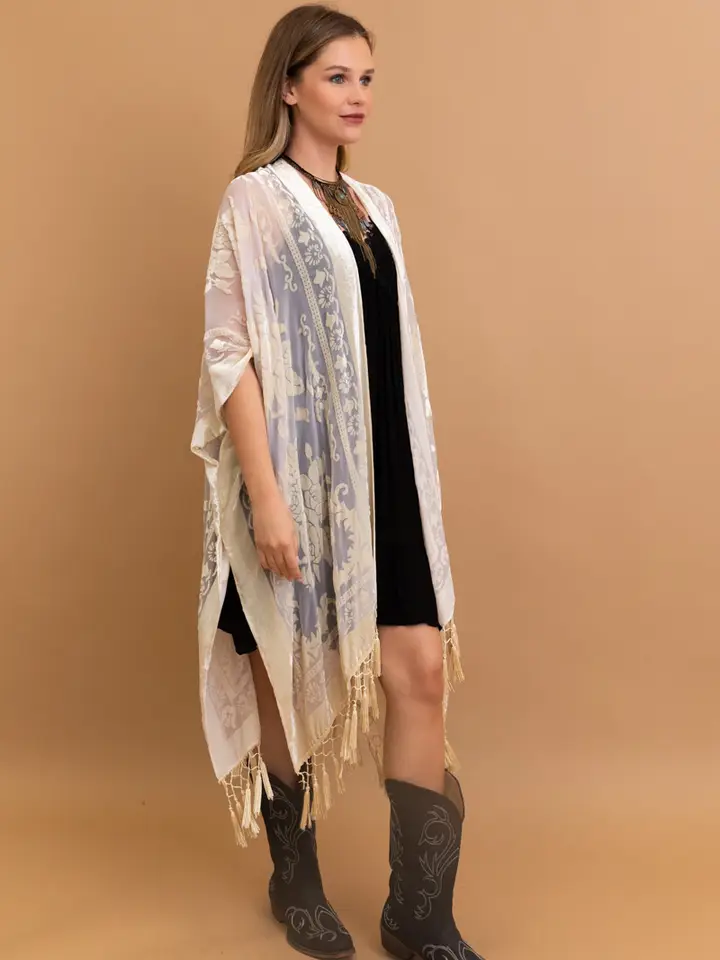 Victoria Velvet Burnout Mesh Tassel Kimono