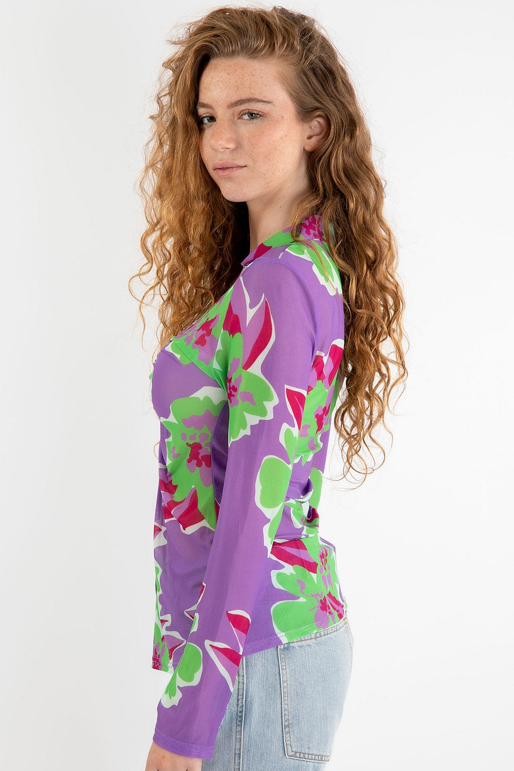 Sale - Retro Baby Shirred Front Button Down Mesh Top with Flower Print