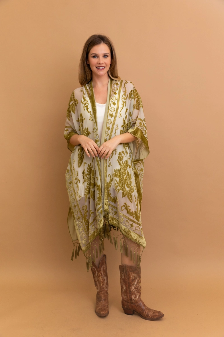 Victoria Velvet Burnout Mesh Tassel Kimono