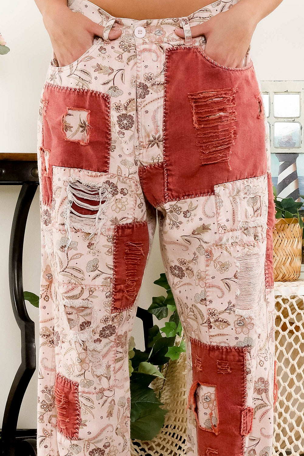 Sale - Janice Twill Distressed Patchwork Pants