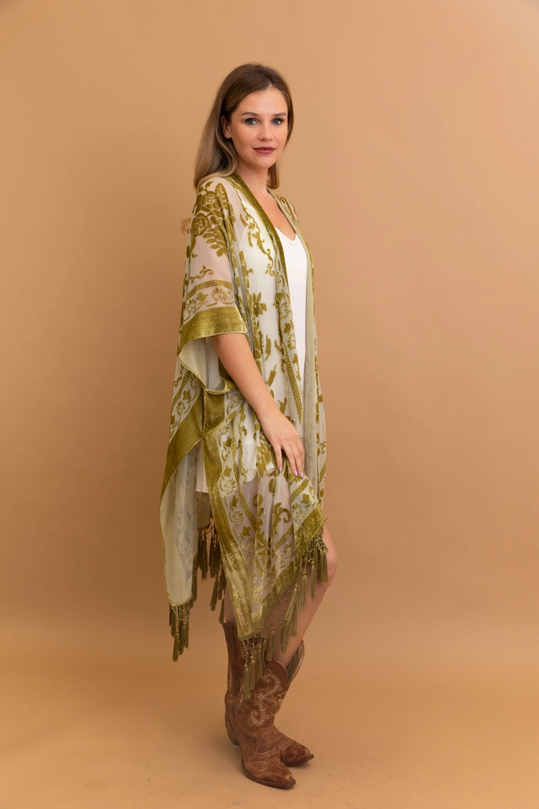 Victoria Velvet Burnout Mesh Tassel Kimono
