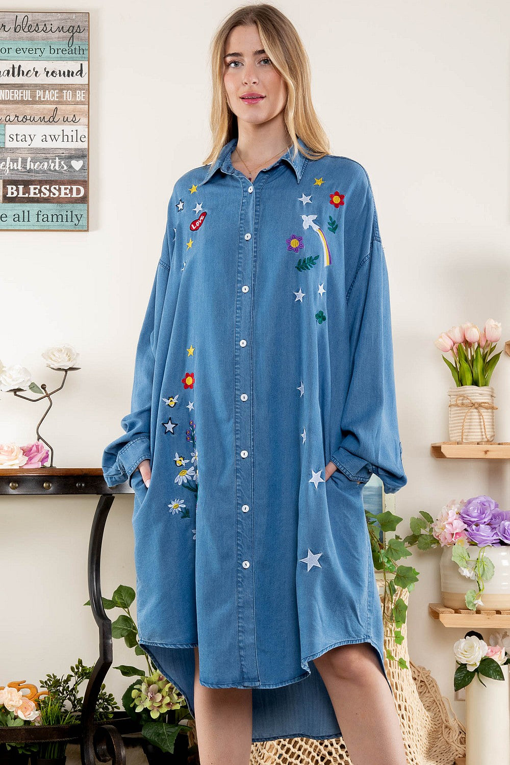 Sale - Just Twirl Denim Embroidered Button Down Tunic Dress