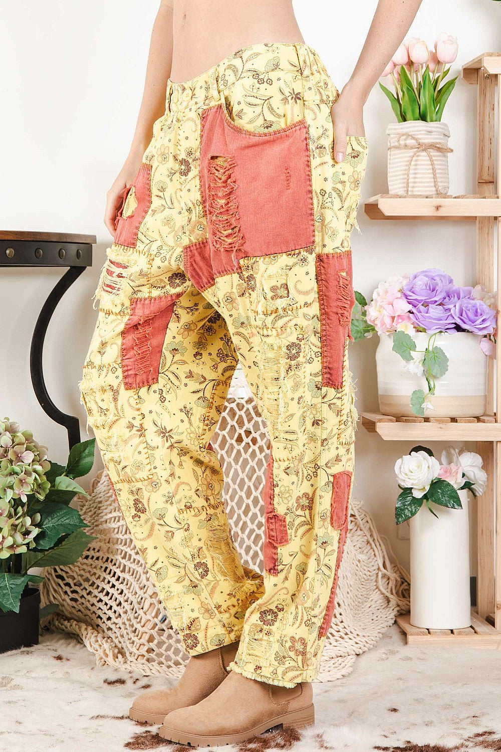 Sale - Janice Twill Distressed Patchwork Pants