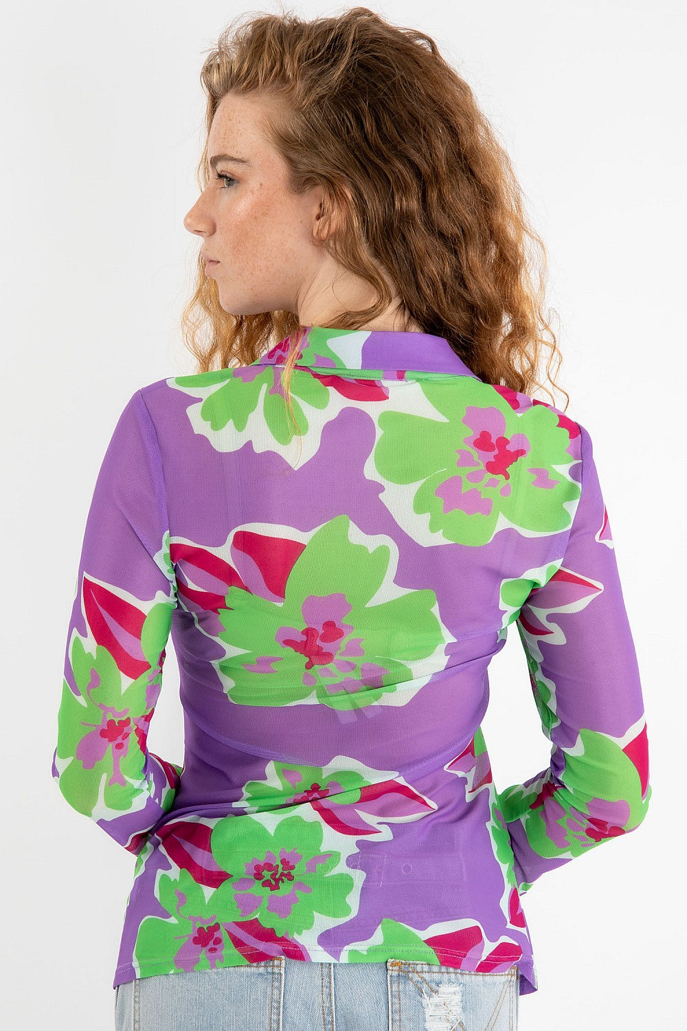 Sale - Retro Baby Shirred Front Button Down Mesh Top with Flower Print