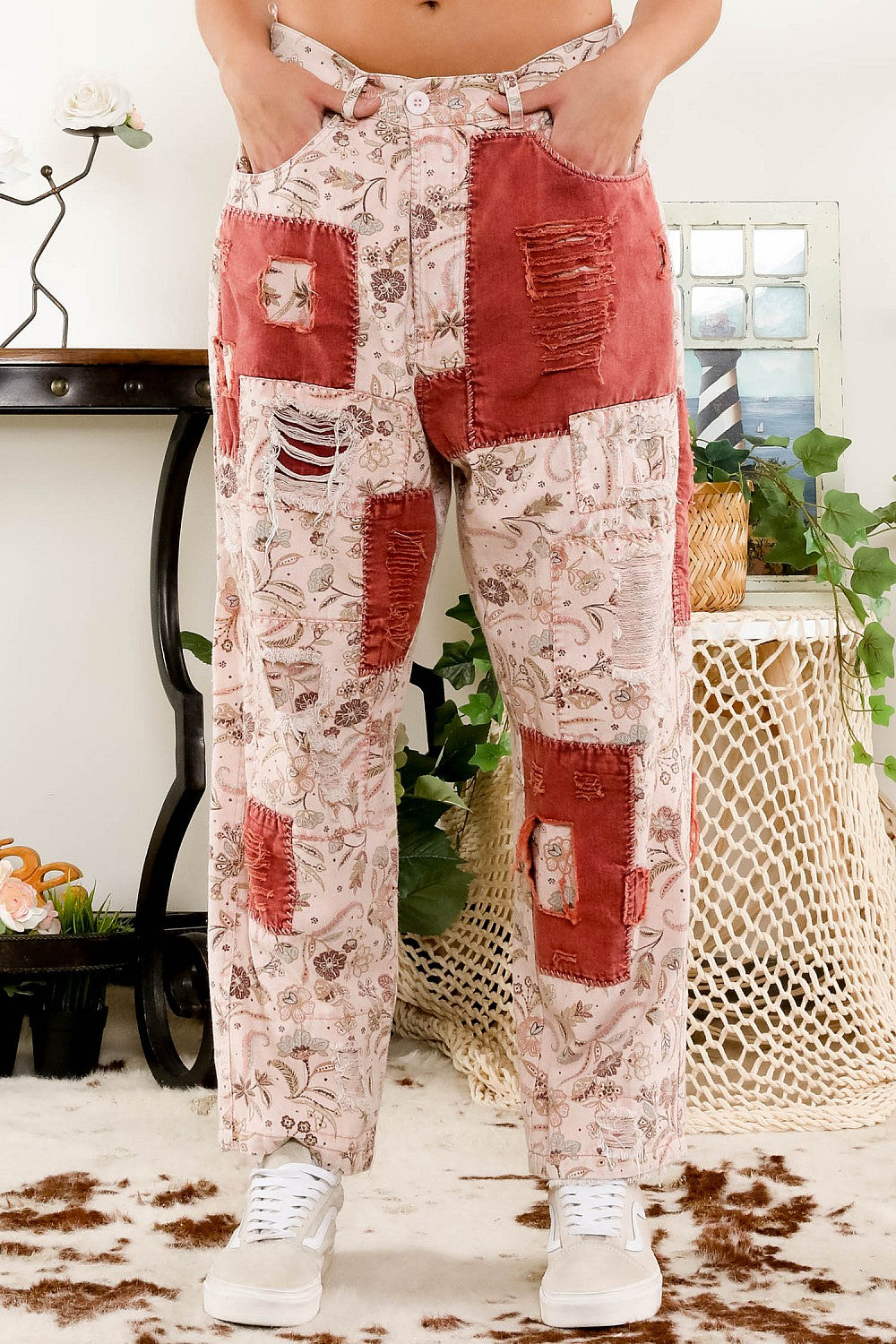 Sale - Janice Twill Distressed Patchwork Pants