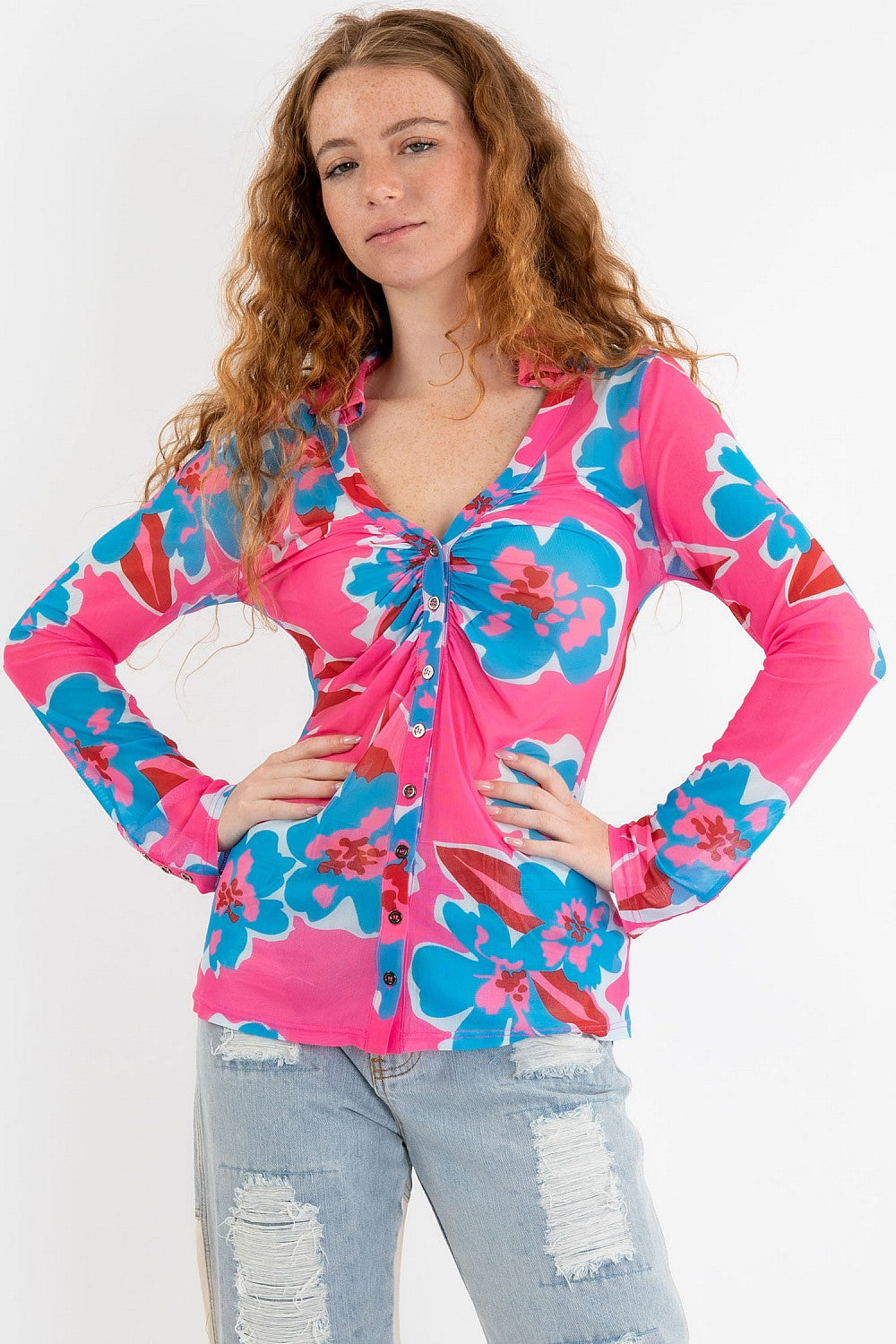 Sale - Retro Baby Shirred Front Button Down Mesh Top with Flower Print