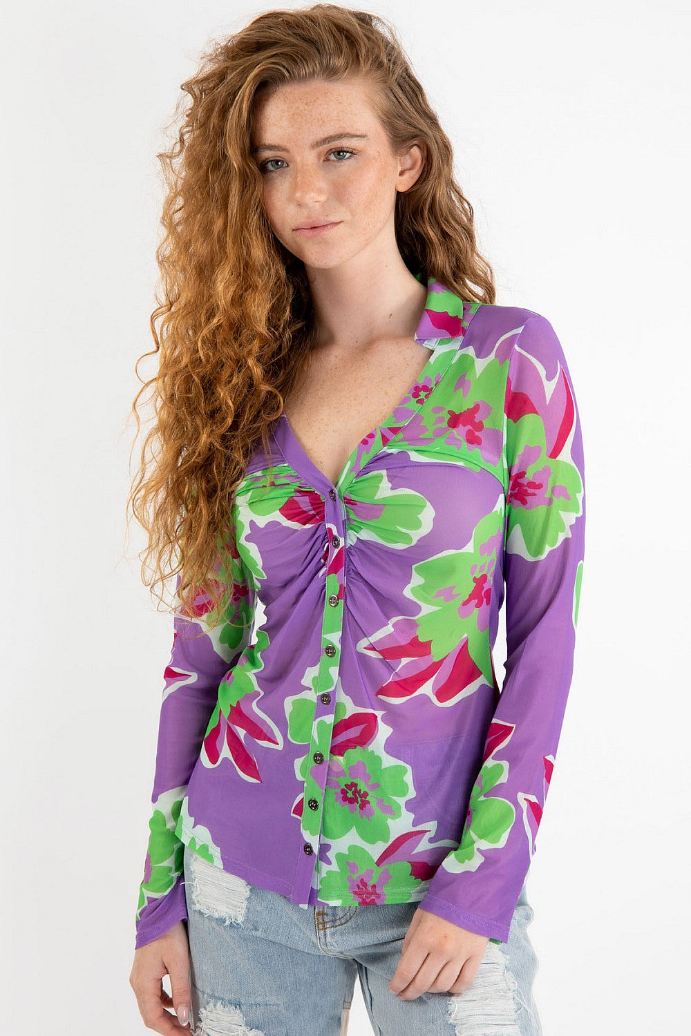 Sale - Retro Baby Shirred Front Button Down Mesh Top with Flower Print