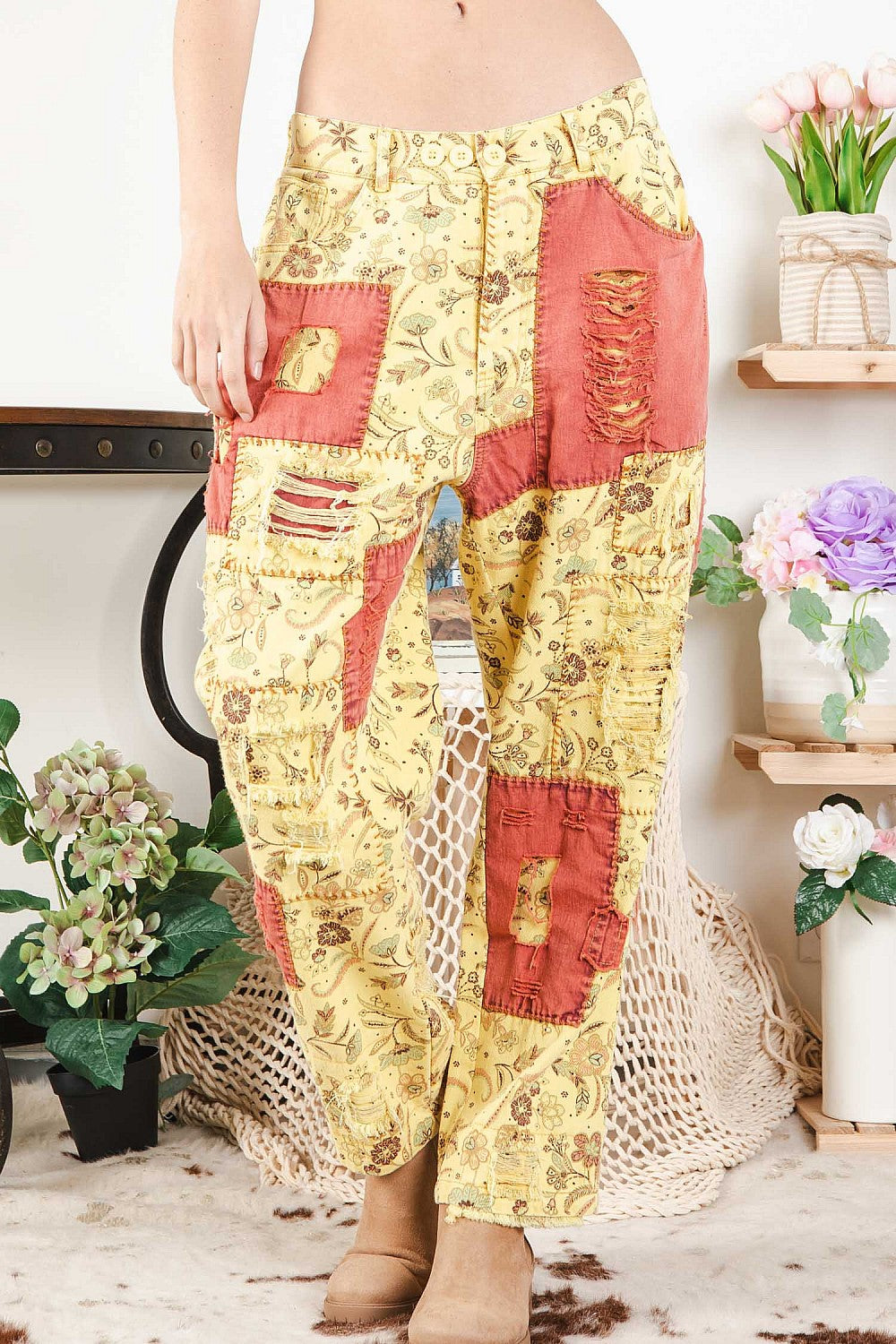 Sale - Janice Twill Distressed Patchwork Pants