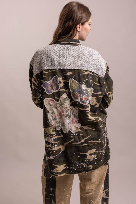 In the Unknown Camo Print Patchwork Collard Neck Button Down - Boho Wanderlust Boutique Blue Velvet