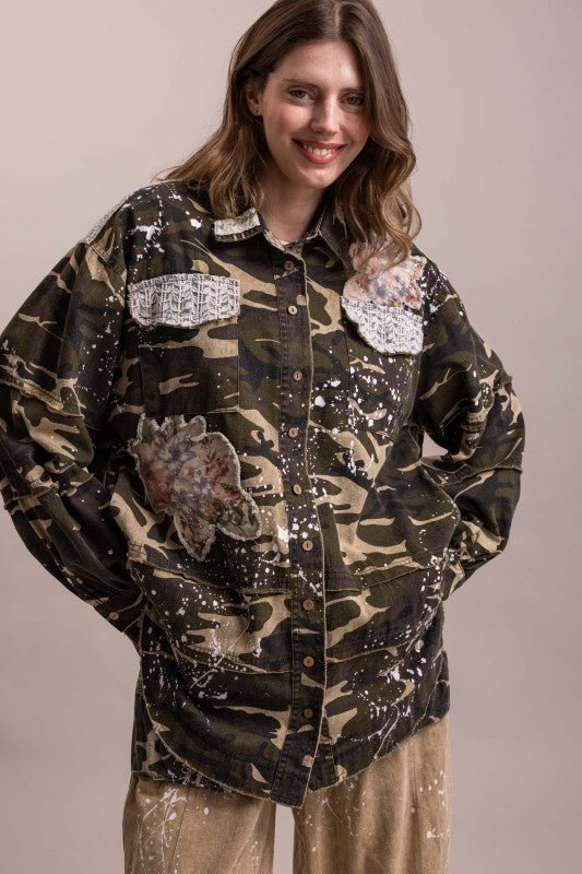 In the Unknown Camo Print Patchwork Collard Neck Button Down - Boho Wanderlust Boutique Blue Velvet