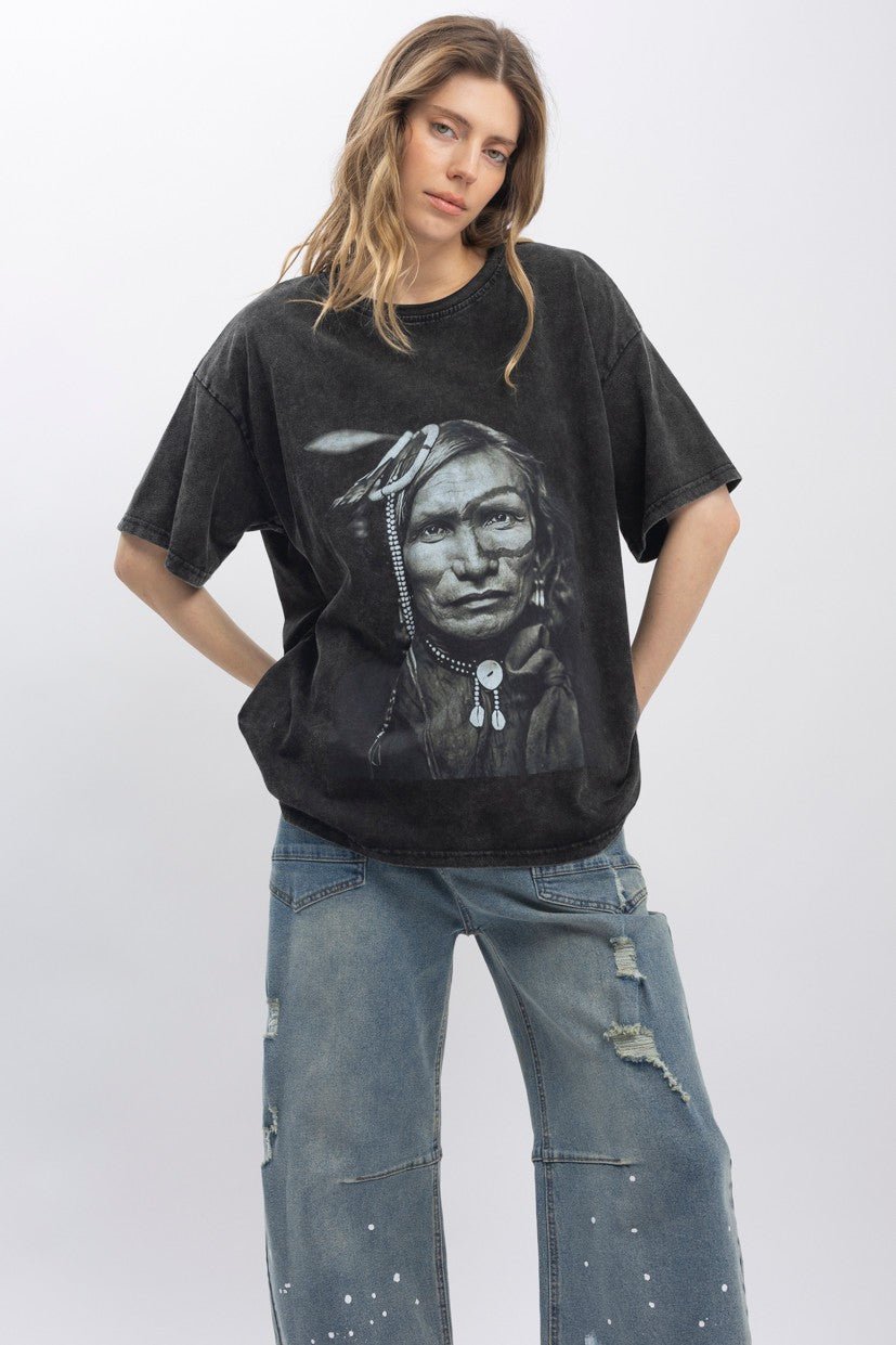 Indian Chief Print Washed Short Sleeve T-shirts - ivyandlavyboutique Blue Velvet