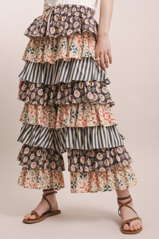 Just A Flirt Mixed Up Print Ruffle Pant - ivyandlavyboutique Blue Velvet