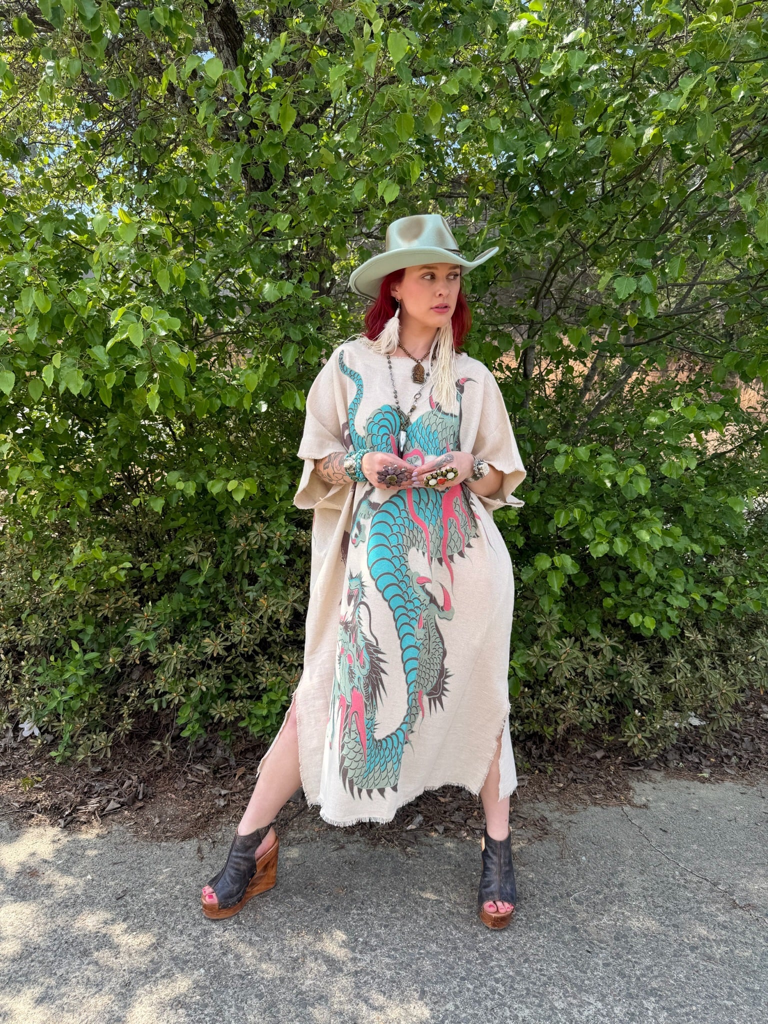 Kaftan Tunic Dress with Dragon Print - ivyandlavyboutique LeParisPetit by I Love Linen