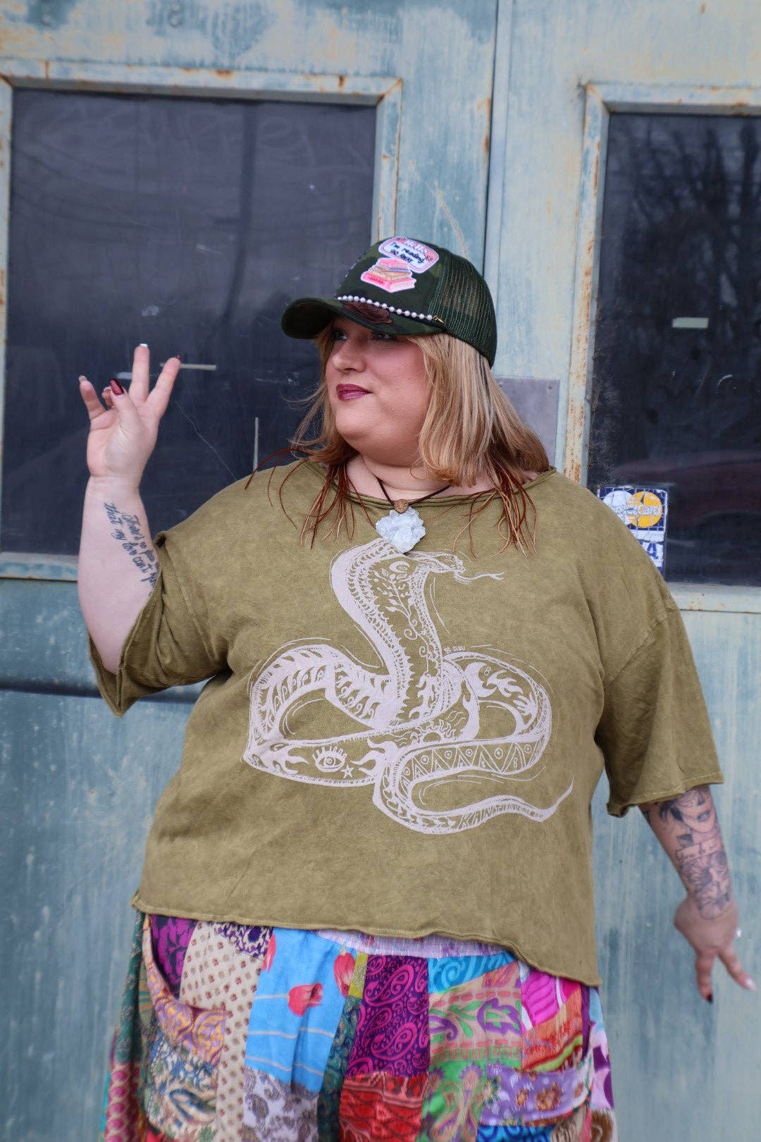 Kantha Bae Boxy Dream Tee - Olive - Snake Boho Graphic - ivyandlavyboutique Kantha Bae