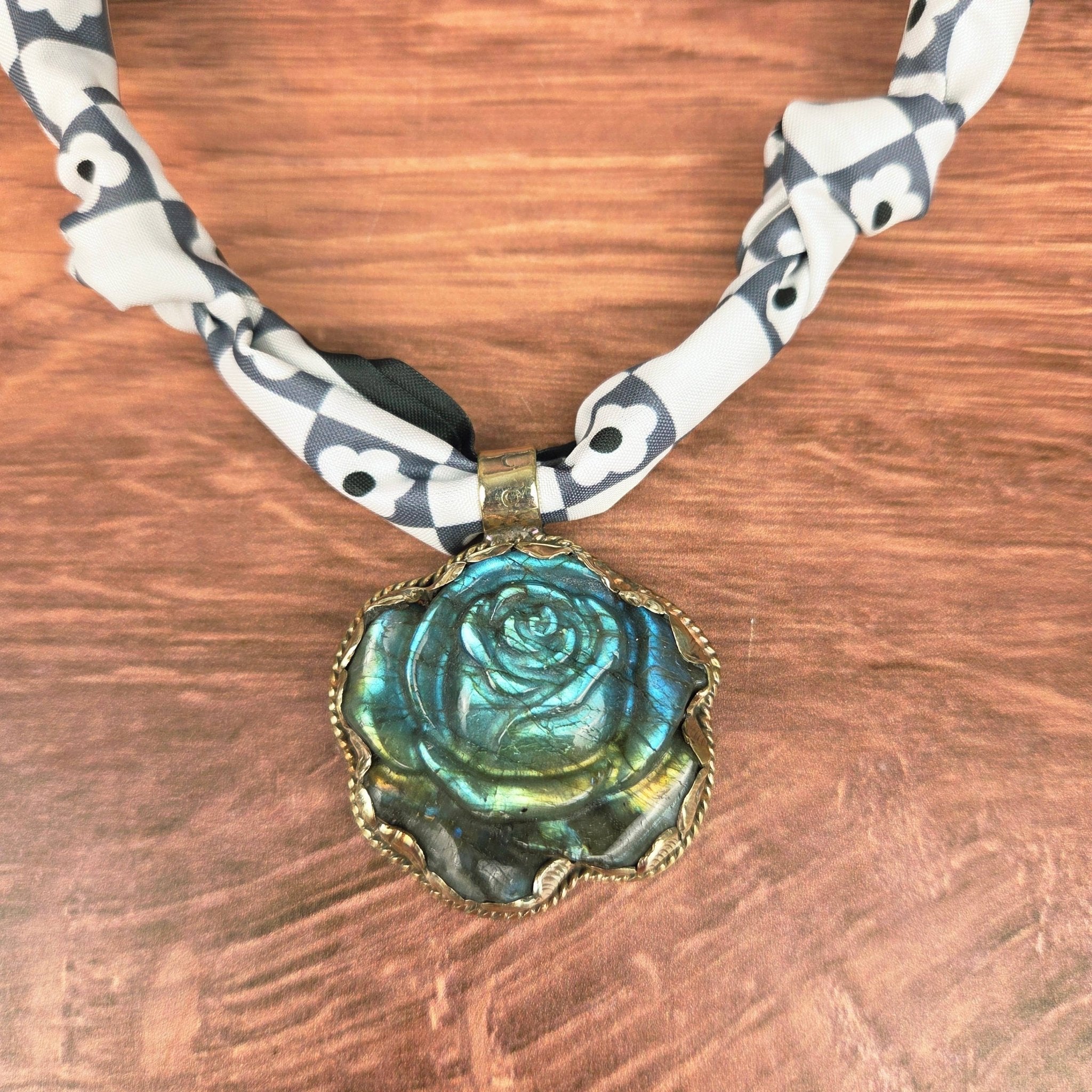 Labradorite Flower Tibetan Pendant Ribbon Necklace - ivyandlavyboutique ZINC Designs