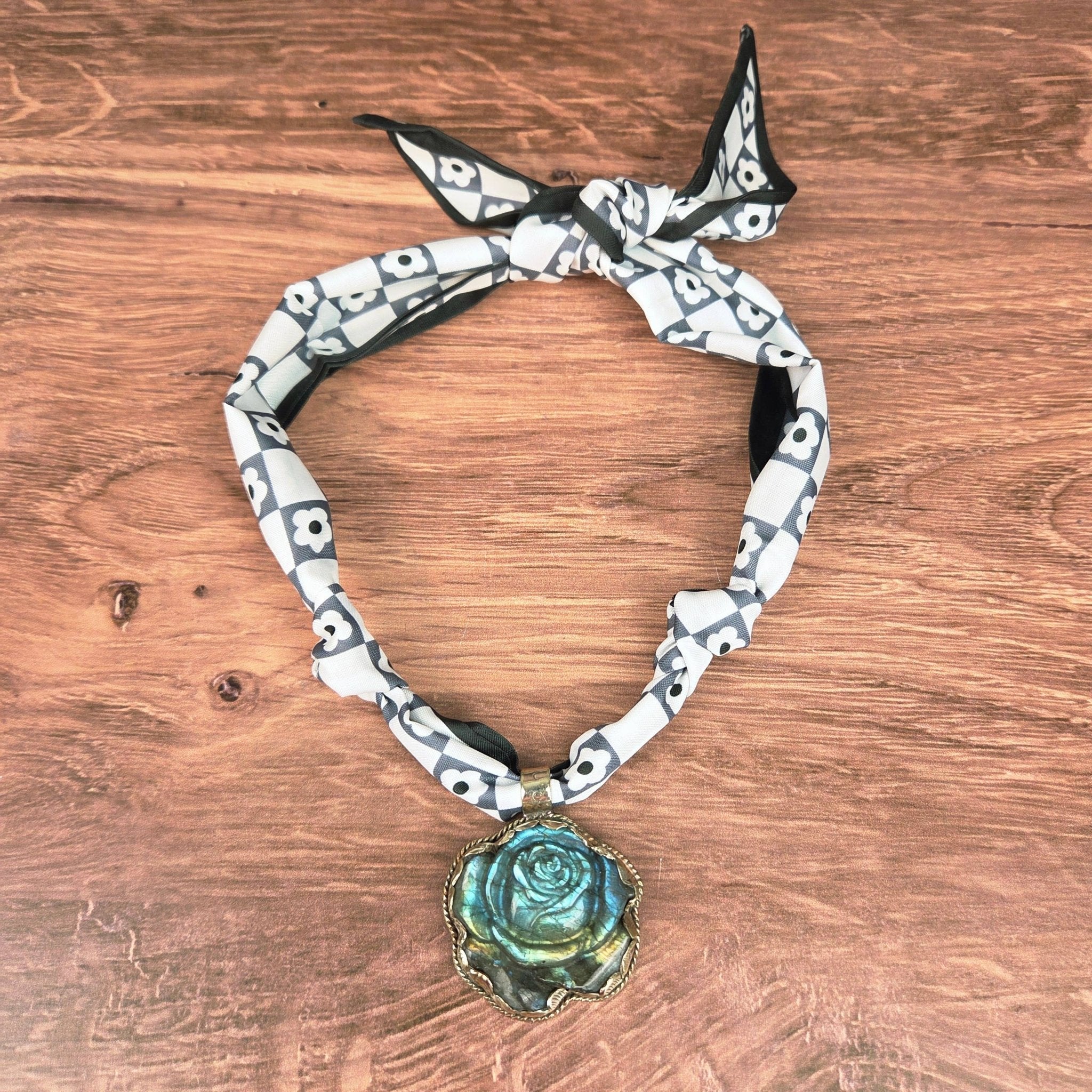 Labradorite Flower Tibetan Pendant Ribbon Necklace - ivyandlavyboutique ZINC Designs