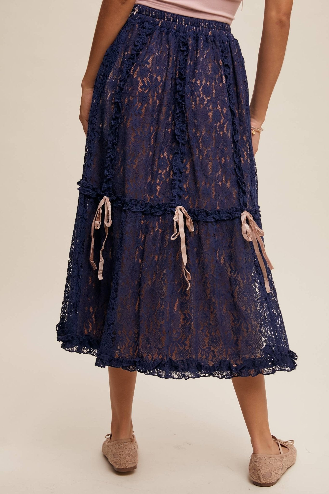Lace Midi Skirt with Ribbon Details in Navy - ivyandlavyboutique Listicle