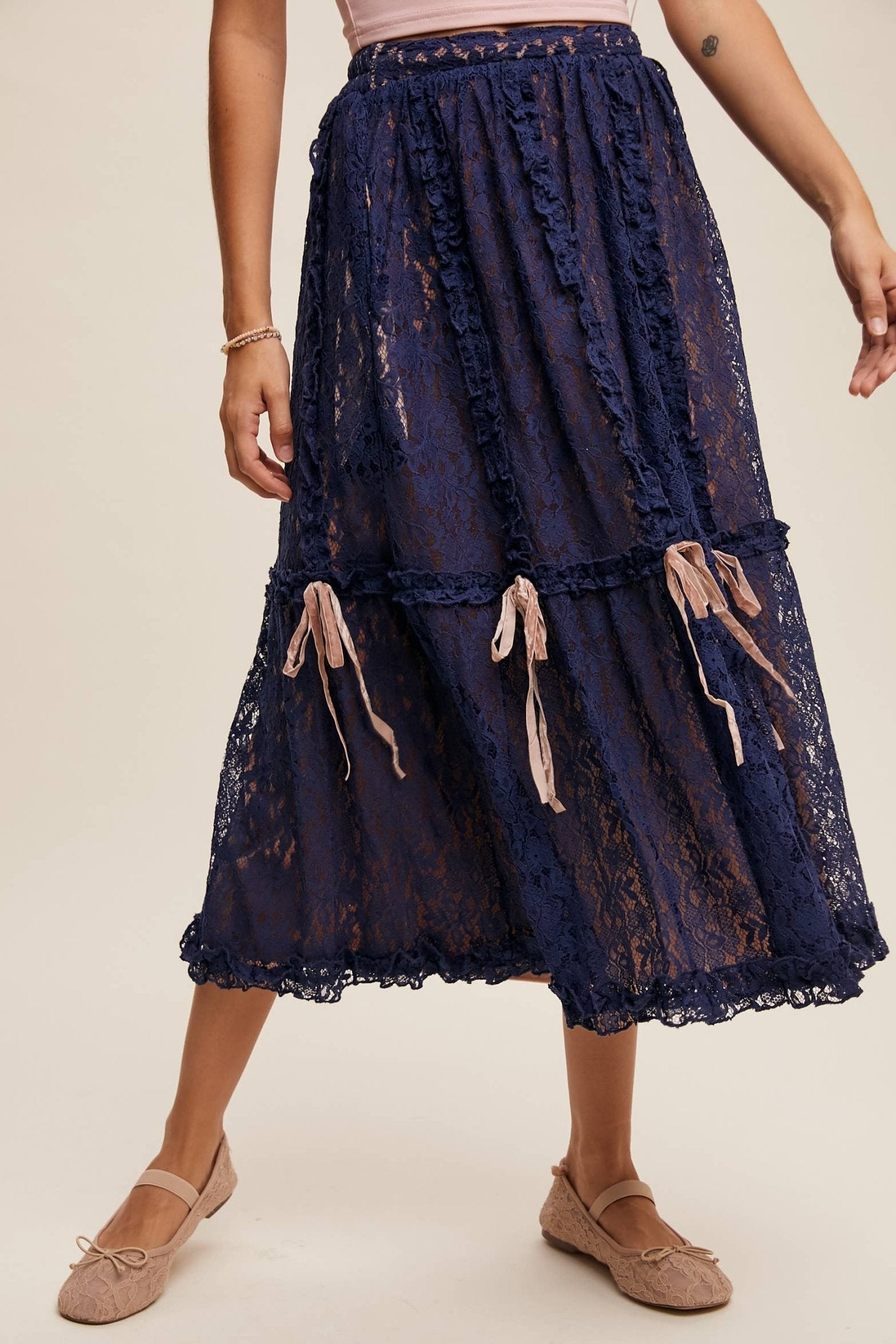 Lace Midi Skirt with Ribbon Details in Navy - ivyandlavyboutique Listicle