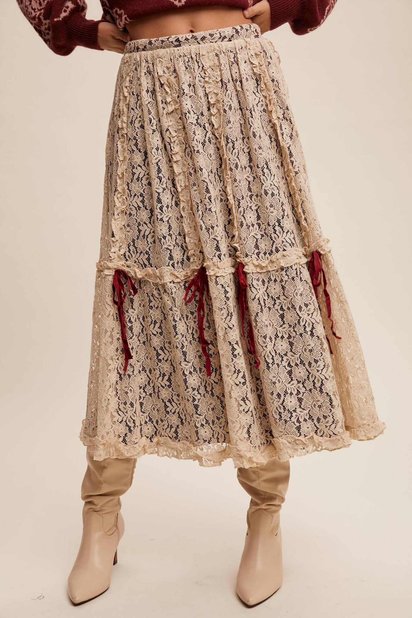 Lace Midi Skirt with Ribbon Details in Navy - ivyandlavyboutique Listicle