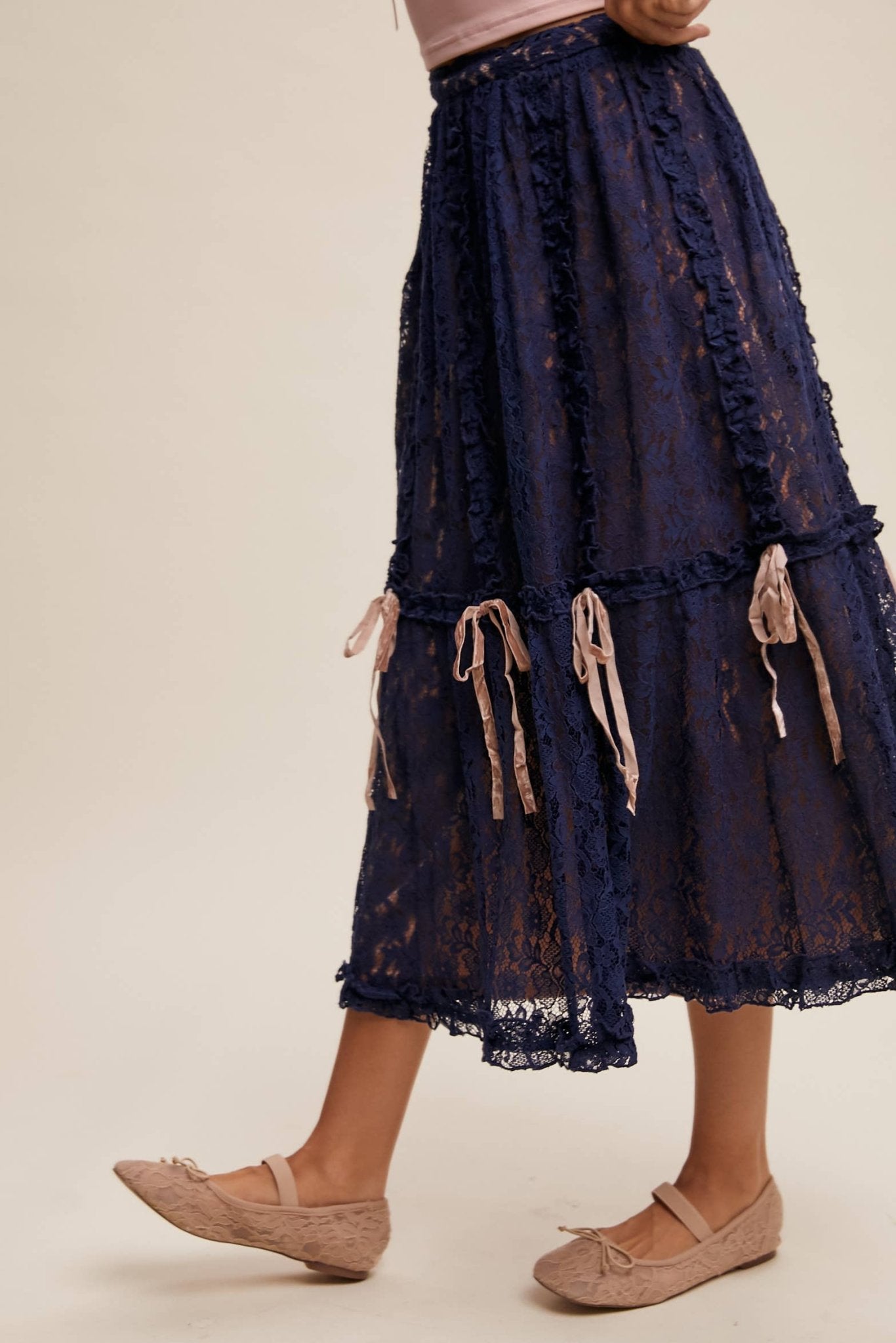 Lace Midi Skirt with Ribbon Details in Navy - ivyandlavyboutique Listicle
