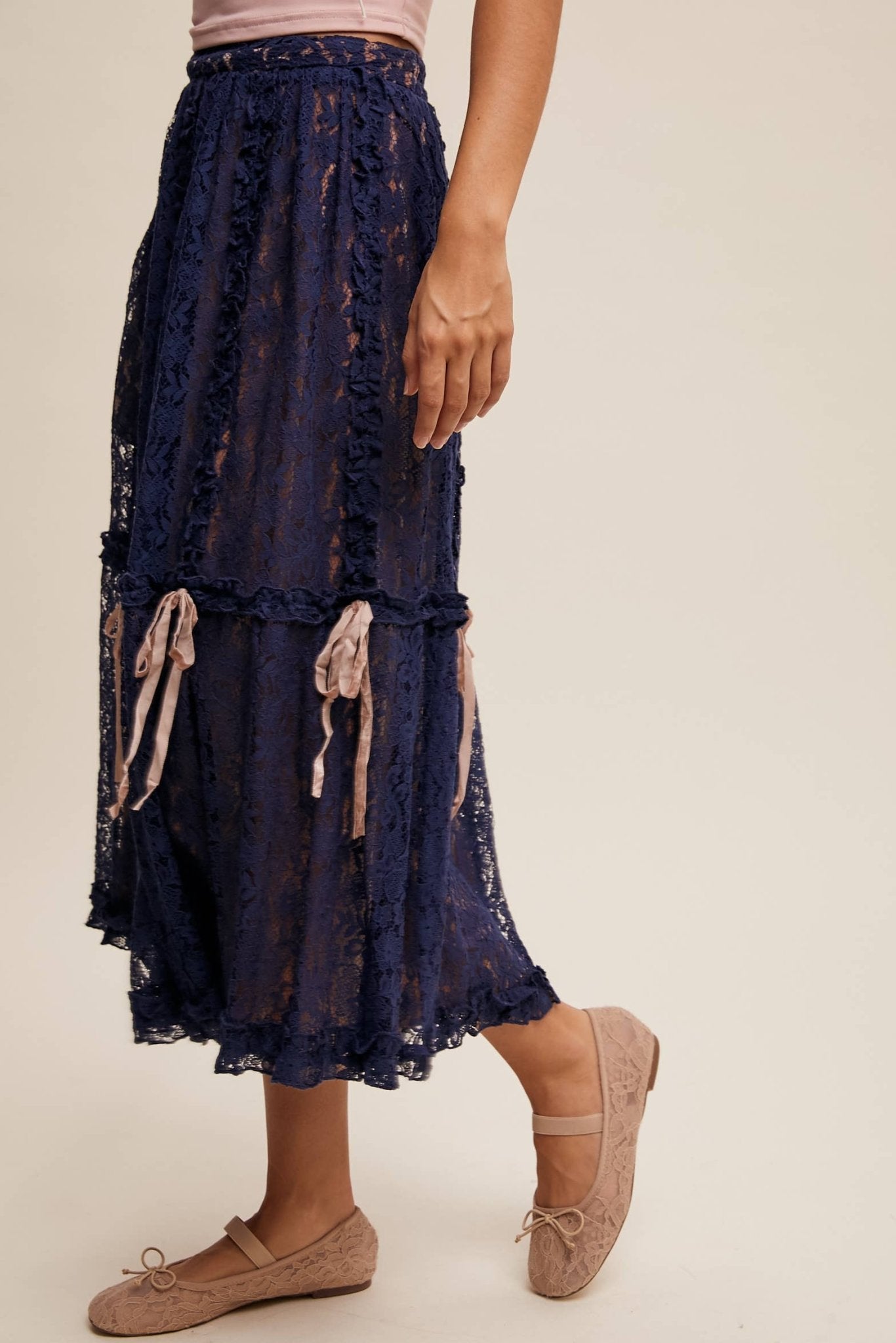 Lace Midi Skirt with Ribbon Details in Navy - ivyandlavyboutique Listicle