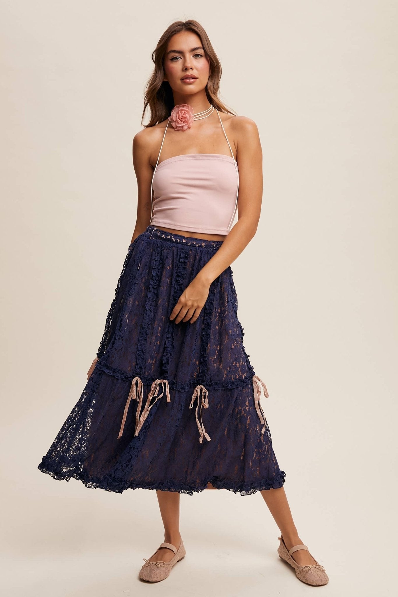 Lace Midi Skirt with Ribbon Details in Navy - ivyandlavyboutique Listicle
