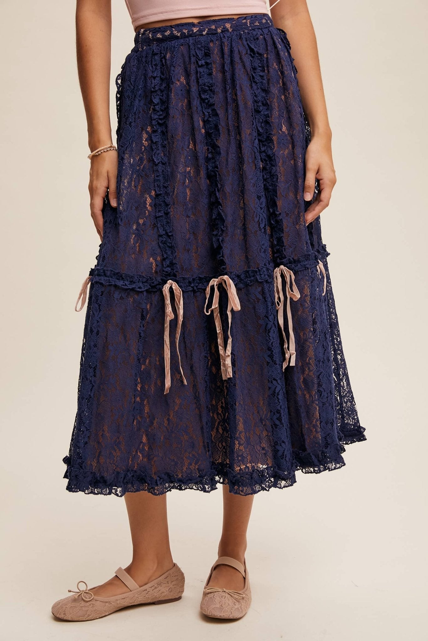 Lace Midi Skirt with Ribbon Details in Navy - ivyandlavyboutique Listicle