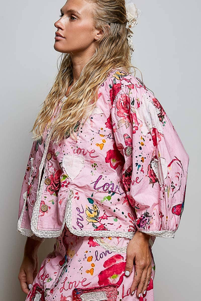 Lace Trimmed Placket Printed Vintage Star Appliqués Jacket in Pink - ivyandlavyboutique Pol Clothing