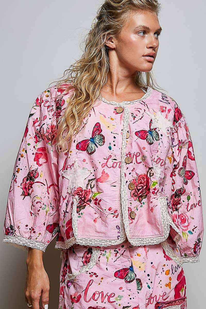 Lace Trimmed Placket Printed Vintage Star Appliqués Jacket in Pink - ivyandlavyboutique Pol Clothing