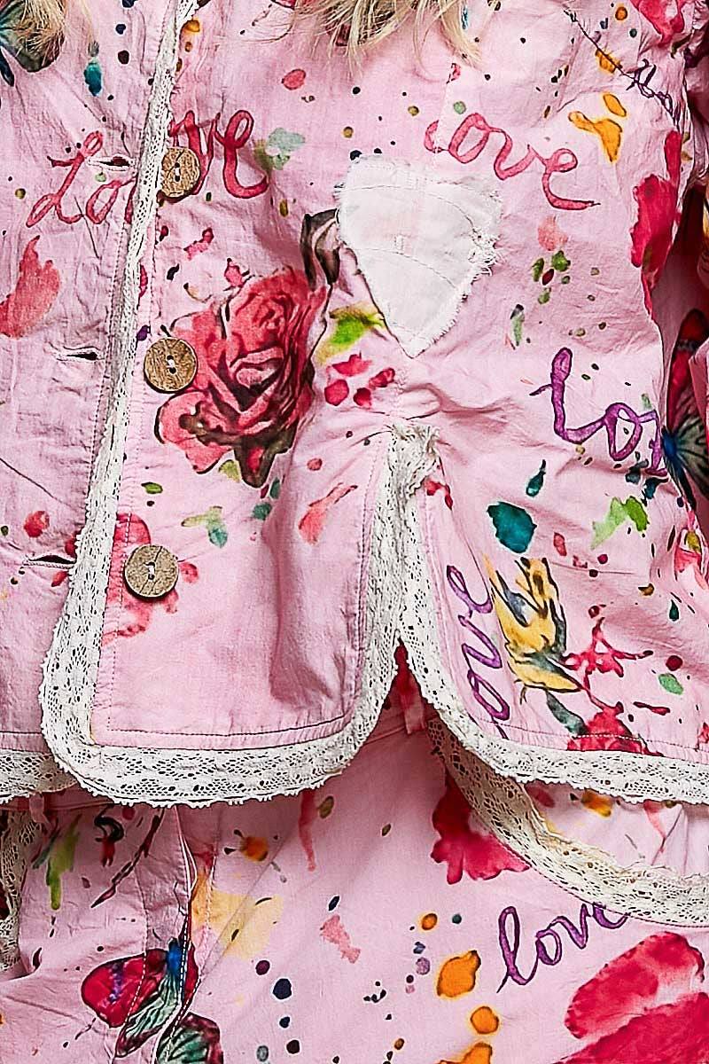 Lace Trimmed Placket Printed Vintage Star Appliqués Jacket in Pink - ivyandlavyboutique Pol Clothing
