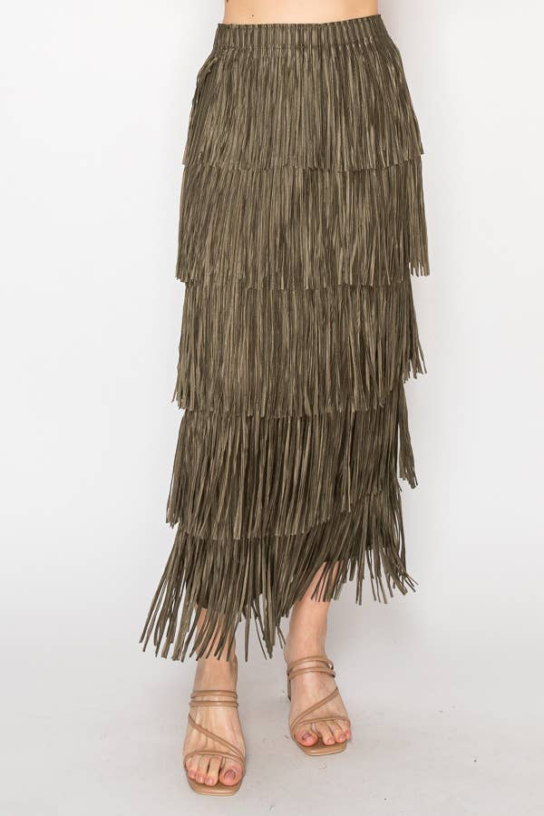 Layered Fringe Tiered Maxi Skirt in Olive - ivyandlavyboutique Origami Apparel ~ Lace and Crochet inspired