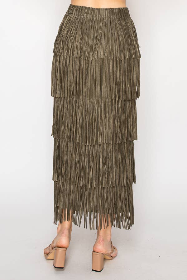Layered Fringe Tiered Maxi Skirt in Olive - ivyandlavyboutique Origami Apparel ~ Lace and Crochet inspired
