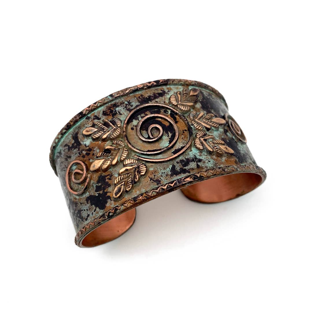 Leaf Shapes and Spirals Turquoise Copper Patina Cuff - ivyandlavyboutique Anju Jewelry