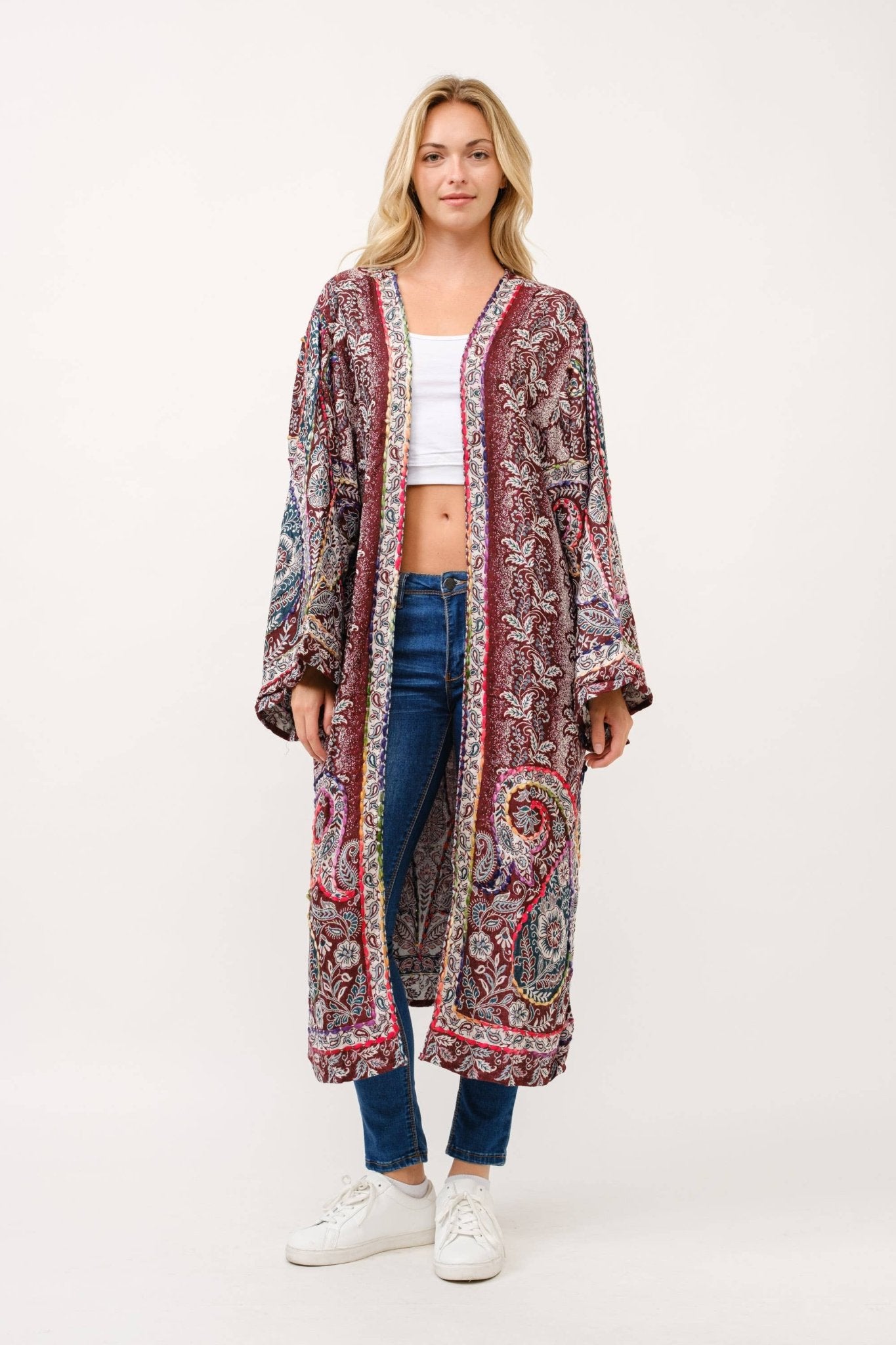 Leni Embroidered Duster in Sangria - ivyandlavyboutique Raj Trading & Imports (USA) Inc.