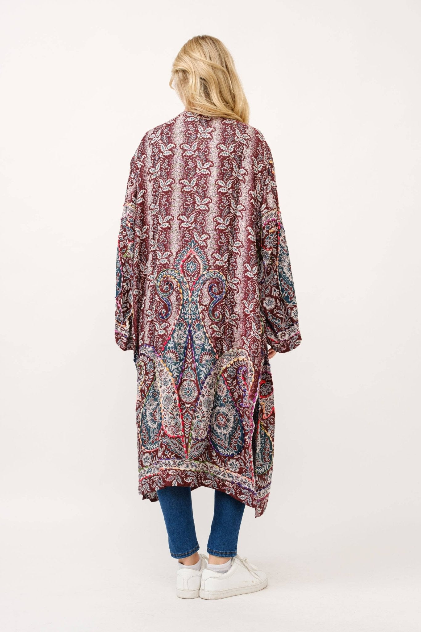 Leni Embroidered Duster in Sangria - ivyandlavyboutique Raj Trading & Imports (USA) Inc.